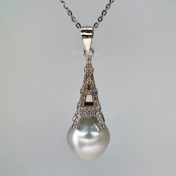 Genuine white south sea pearl pendant necklace, sea water pearl necklace, champagne pearl, rhodium plated pendant s925