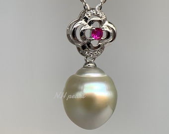 Elegante collar de perlas de los mares del Sur en plata S925, bañado en blanco