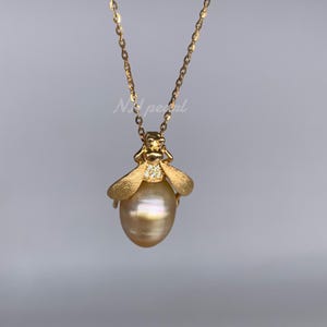 gold south sea pearl pendant necklace, sea water pearl necklace, gold pearl, rhodium plated pendant s925