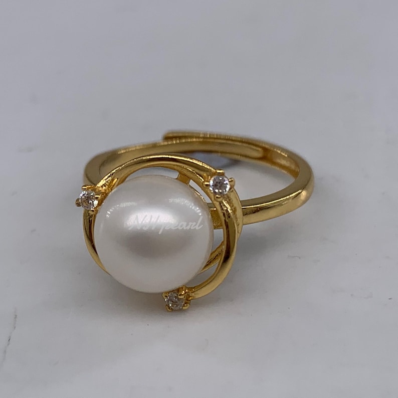 Anillo de perla de los mares del Sur: perla blanca de 7,5 mm, plata de ley bañada en oro imagen 9