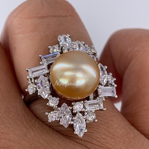 Anillo de perla blanca del Mar del Sur: anillo de cóctel ajustable de plata de ley