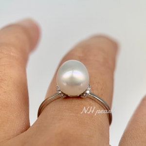 white south sea pearl ring grade AA. S925 sterling silver ring white plated. Seawater pearl. white pearl -BQ