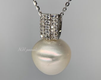Collar con colgante de perla de los Mares del Sur de 13 mm: plata de ley S925, circonita cúbica