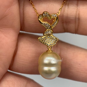Genuine gold south sea pearl pendant necklace, sea water pearl necklace, gold pearl, rhodium plated pendant s925
