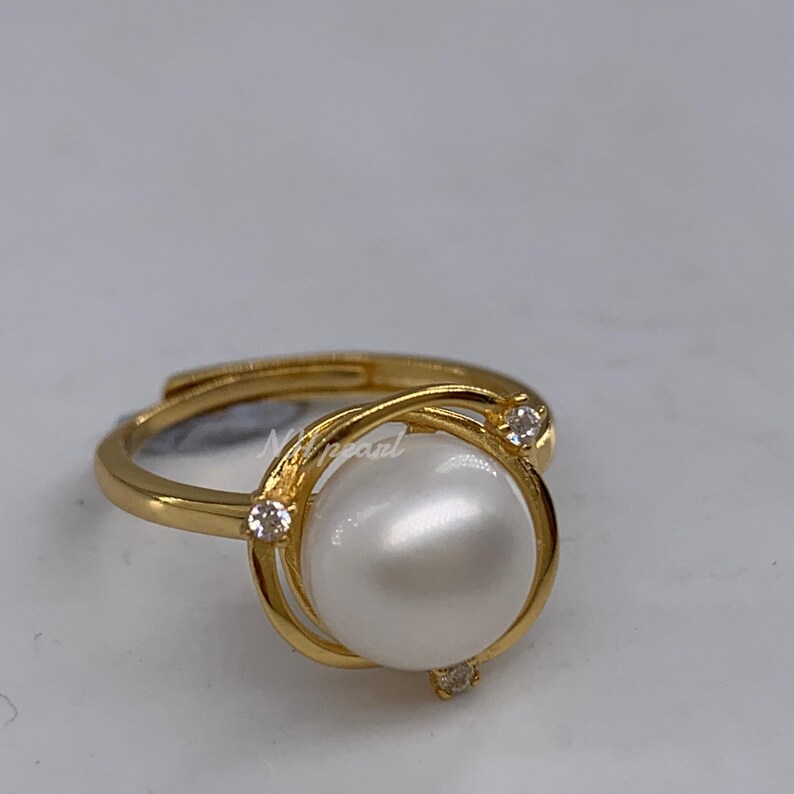 Anillo de perla de los mares del Sur: perla blanca de 7,5 mm, plata de ley bañada en oro imagen 10