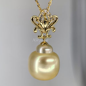 gold south sea pearl in s925 pendant necklace, 10.5mm gold seawater pearl, natural salt water pearl jewellery