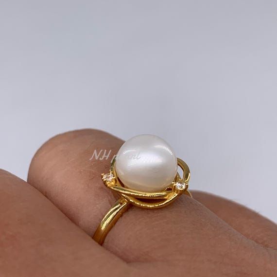 South Sea Pearl Ring: 7.5mm White Pearl, Gold Plated Sterling Silver