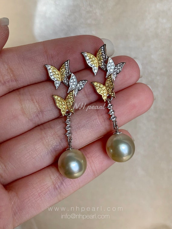Details about / elegant 9-10mm south sea round white pearl earring 925s aijiang