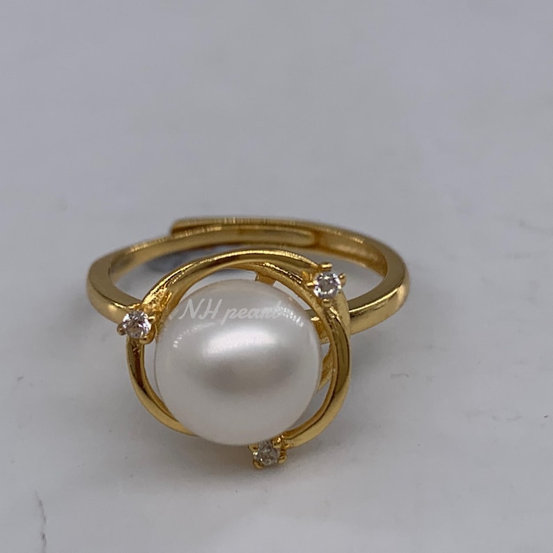 Anillo de perla de los mares del Sur: perla blanca de 7,5 mm, plata de ley bañada en oro imagen 8