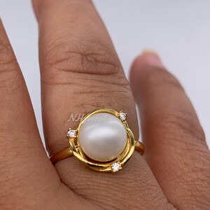 Anillo de perla de los mares del Sur: perla blanca de 7,5 mm, plata de ley bañada en oro imagen 2