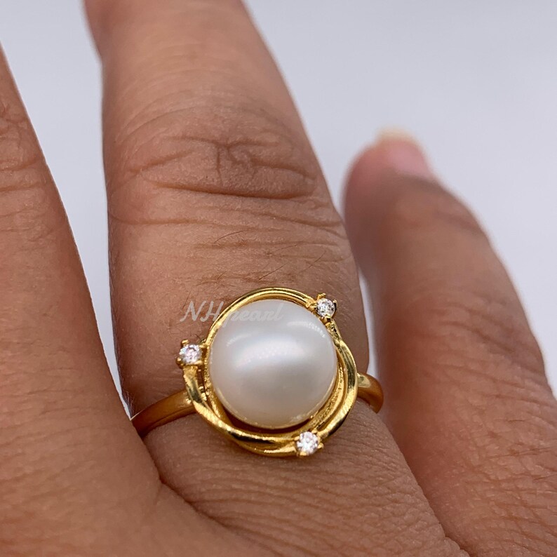 Anillo de perla de los mares del Sur: perla blanca de 7,5 mm, plata de ley bañada en oro imagen 2