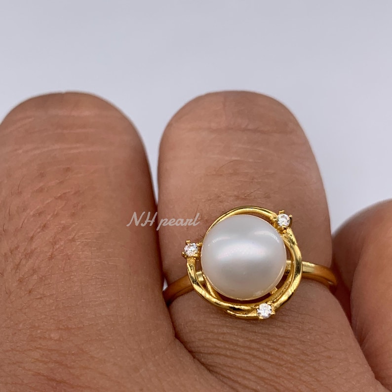 Anillo de perla de los mares del Sur: perla blanca de 7,5 mm, plata de ley bañada en oro imagen 3