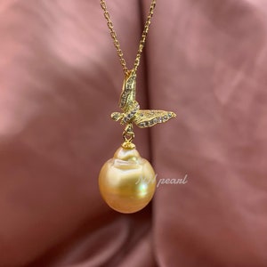 Genuine golden pearl pendant necklace, sea water pearl necklace, golden pearl, rhodium plated pendant s925