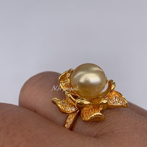 Anillo de perla dorada del Mar del Sur: banda ajustable de plata de ley