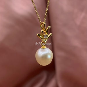 シャンパン 南洋真珠ペンダントネックレス、海水真珠ネックレス、ホワイトパール、ゴールドフィルドペンダント s925