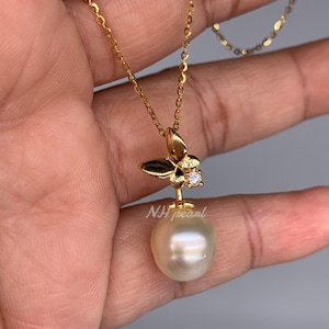 Gold south sea pearl in s925 pendant necklace, 10mm seawater pearl, natural salt water pearl jewellery