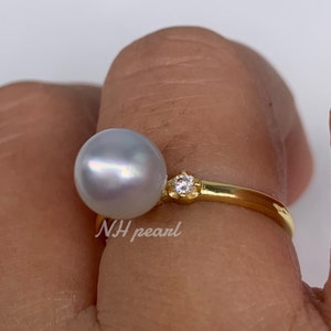 Natural cream south sea pearl ring. S925 sterling silver ring. Cream Seawater pearl. -Q