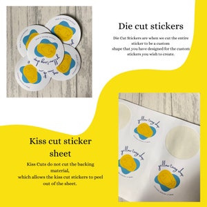 May include: Close-up of three round die-cut stickers with a yellow tang fish design. The stickers are on a white sheet of paper. The text on the stickers reads "yellow tang shop".