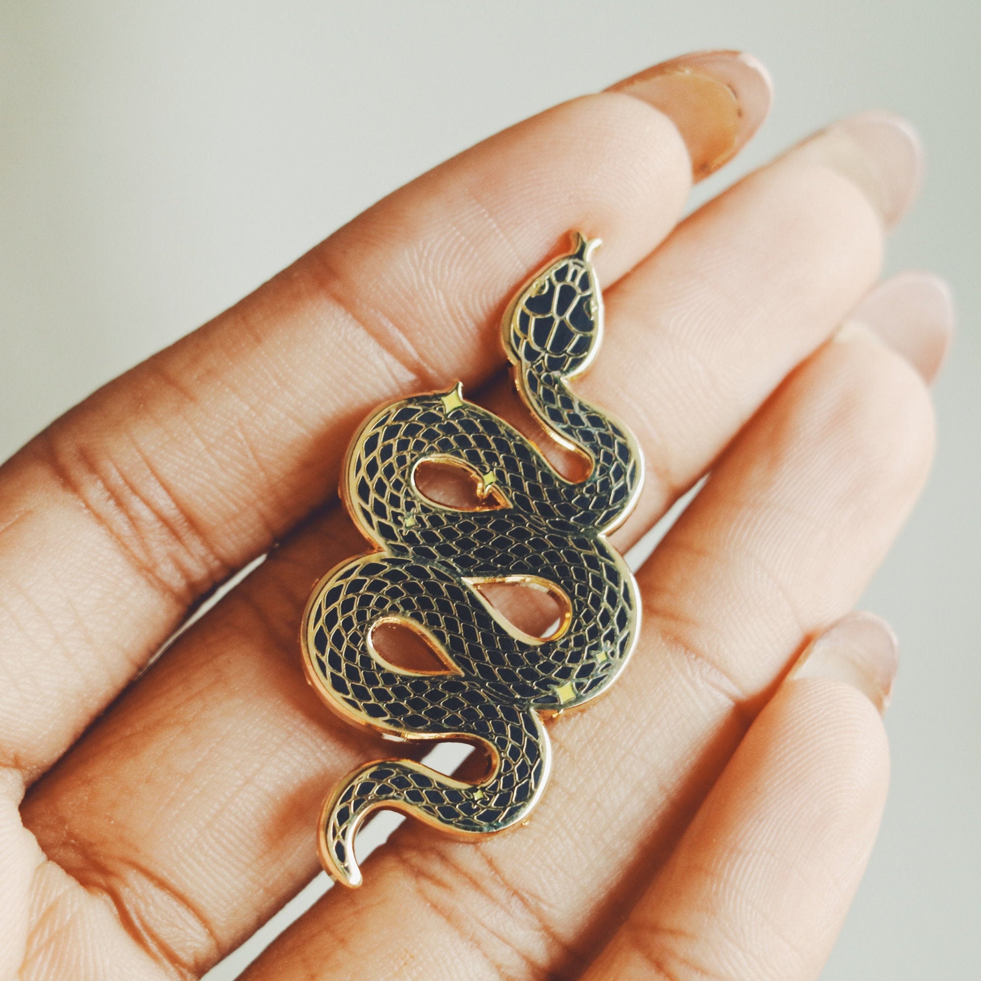 Snake Enamel Pin Black & Gold Celestial Ninth House moon | Etsy