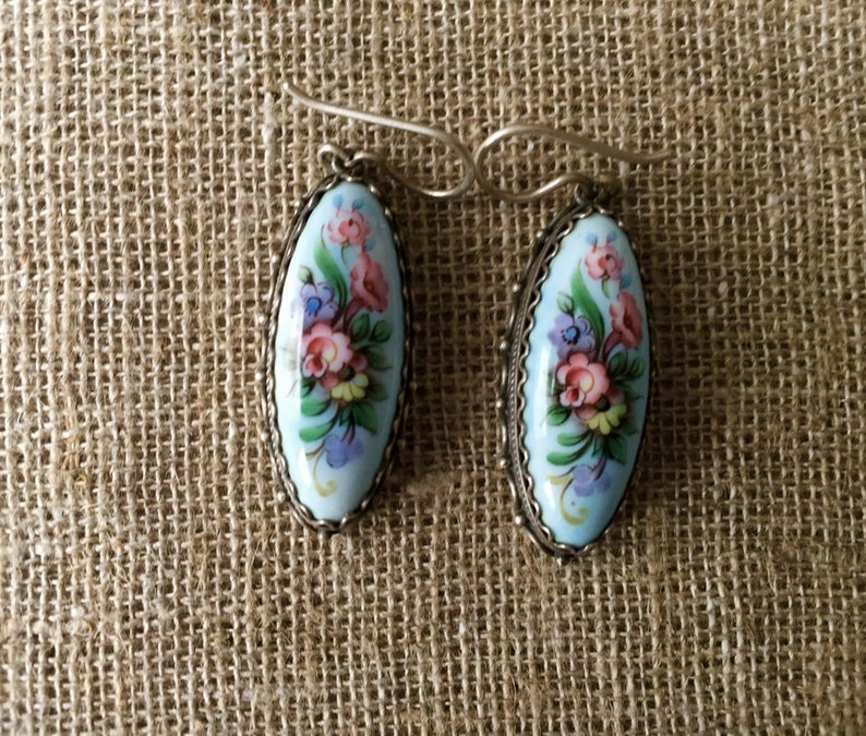 Russian vintage jewelry earrings Blue flower jewelry gift set Rostov finift enamel jewelry Folk art enamel painting From the 1970s