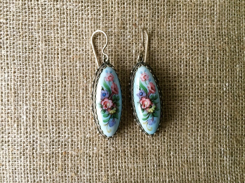 Russian vintage jewelry earrings Blue flower jewelry gift set Rostov finift enamel jewelry Folk art enamel painting From the 1970s