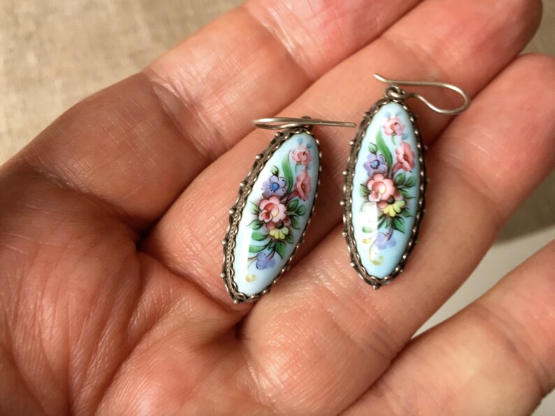 Russian vintage jewelry earrings Blue flower jewelry gift set Rostov finift enamel jewelry Folk art enamel painting From the 1970s