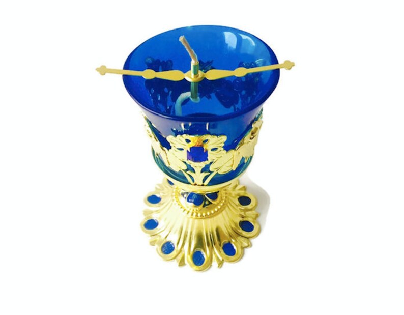 Traditional Russian Orthodox Table Vigil Lamp Oil Brass Blue Enamel Glass Bowl Kantilia Size 3 5 X5 9x13 5x Cm