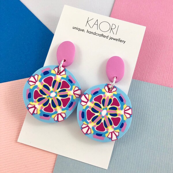 Polymer clay earrings, statement earrings, in blue, pink and yellow floral