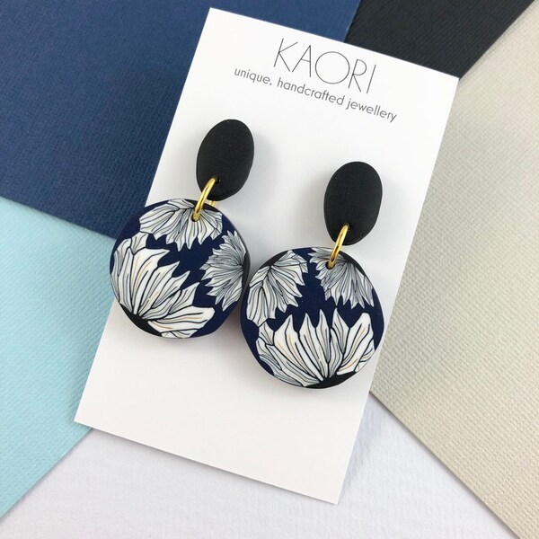 Statement earrings, polymer clay earrings in midnight blue and white floral