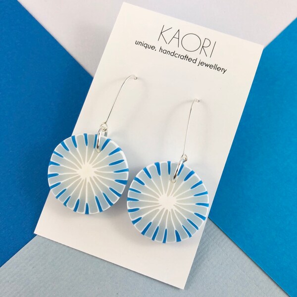 Statement earrings, polymer clay hook earrings in blue and white translucent floral