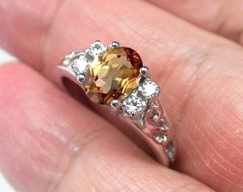 Natural Imperial Topaz Ring: Sterling Silver, White Sapphire Accents, US Size 7 free resize