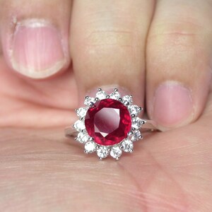 Natural Ruby Sterling Silver Ring with Sapphire Halo - US Size 7