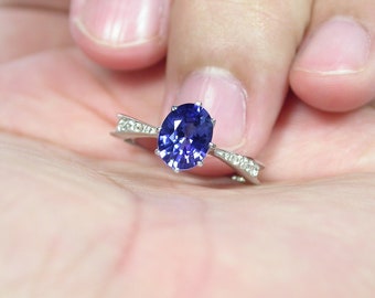 Blue Sapphire Sterling Silver Ring - White Sapphire Halo, US Size 7 free resize