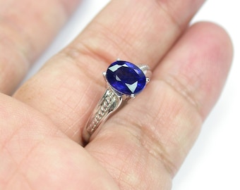 Natural Blue Sapphire Ring: Sterling Silver Wedding Jewelry, US Size 7 free resize