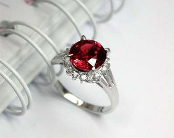 Red Ruby Sterling Silver Ring: Sapphire Halo, Size 7