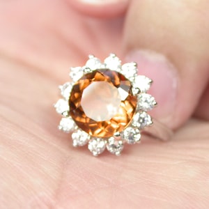 Imperial Topaz Ring: 4.95 ct, Sterling Silver, White Sapphire Halo, US Size 7