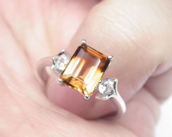 Imperial Topaz Ring: 3.1ct Gem, White Sapphire, Sterling Silver (US Size 7) free resize