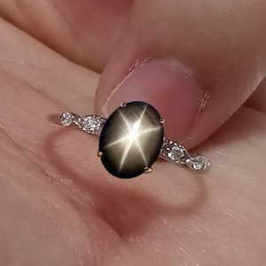 Natural Black Star Sapphire Ring: Sterling Silver Wedding Jewelry, US Size 7 free resize