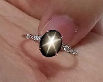 Natural Black Star Sapphire Ring: Sterling Silver Wedding Jewelry, US Size 7 free resize