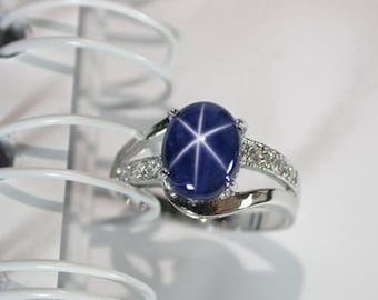 Natural Blue Star Sapphire Ring: Sterling Silver Wedding Jewelry, US Size 7