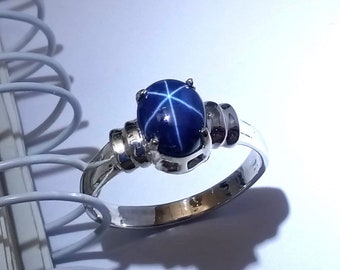 3.35 ct Natural blue star sapphire ring silver sterling wedding ring size us 7.0 and free resize all size.