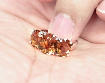 Unheated Imperial Topaz Ring: Sterling Silver 3-Stone Wedding Band