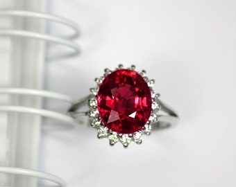 Natural Red Ruby Ring: Sterling Silver Wedding Ring, White Sapphire Halo, US Size 7