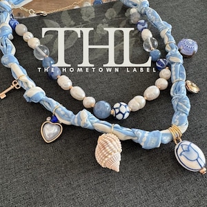 BANDANA NECKLACE | Beaded Necklace | Blue Bandana Necklace | Blue Charms | Shell Bandana Necklace | Painted Charm | Bandana Charms | blue