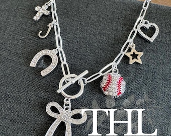 SILVER CHARM NECKLACE, baseball necklace, sports necklace, charm necklace, baseball charm, charms, baseball charm, numbers, sports team