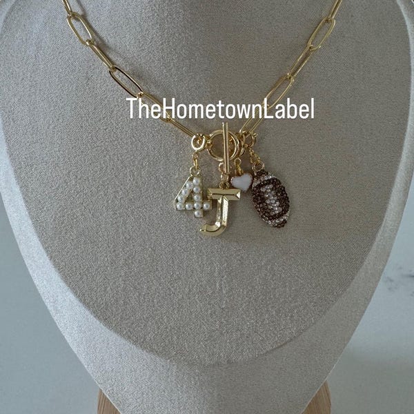 Football Charm Necklace, Personalized Initial & Number, Sports Mom Gift