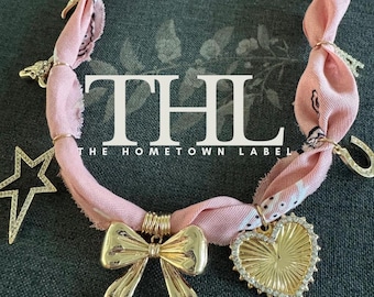 Charm Bandana Necklace, western rodeo bandana, western necklace, charm necklace, bow charm, letter charm, horseshoe charm, concert necklace