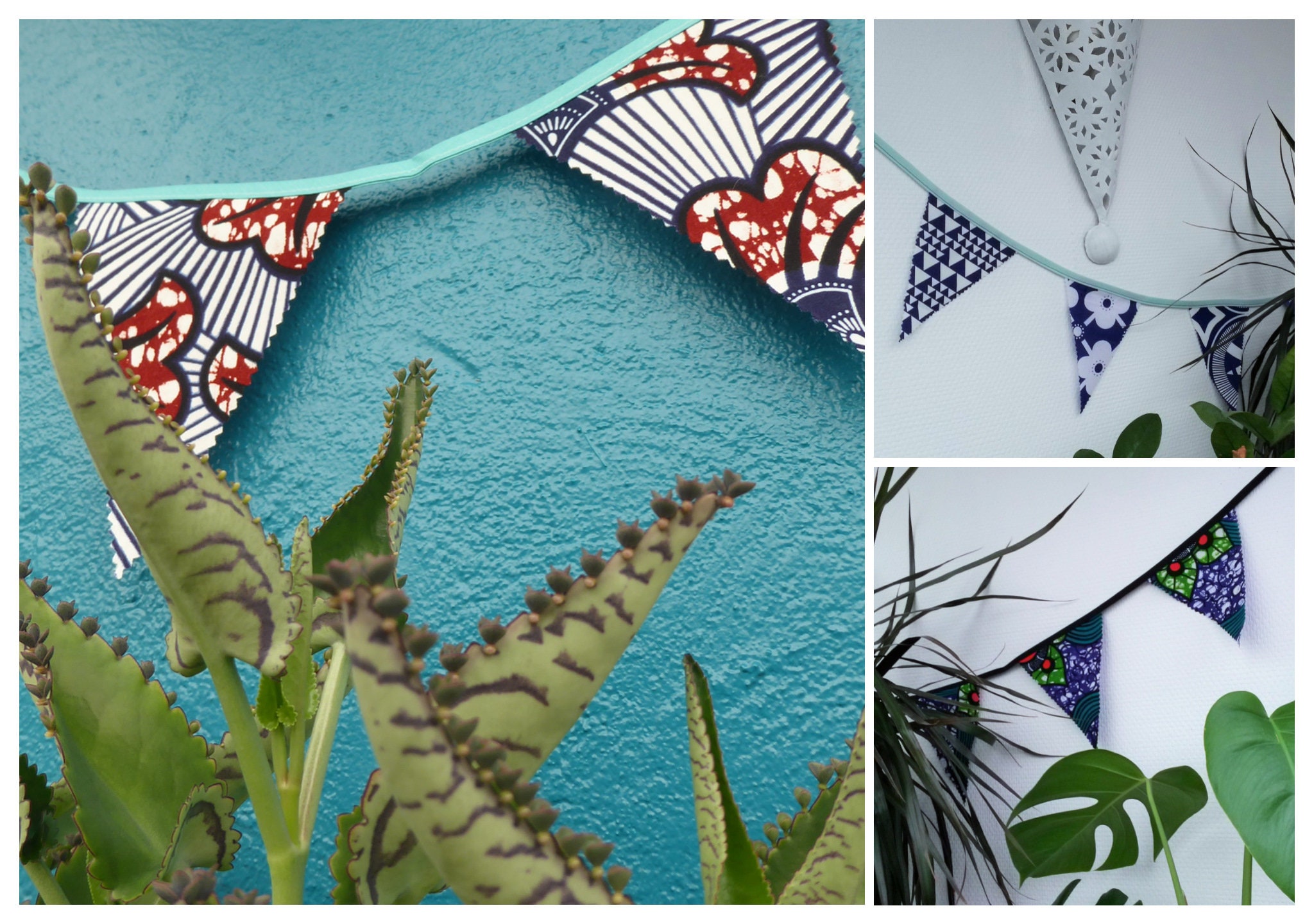 Guirlande de Fanions en Wax, Décoration Murale Ethnique, Triangles Tissu Coloré, Guirlande Légère Af