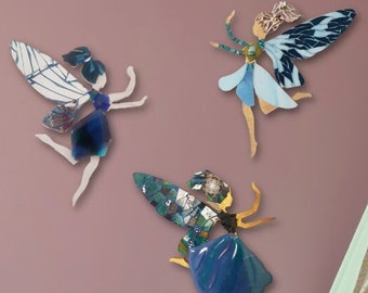 Blue Fairies of your choice, in stained glass mosaic, melted to hang or place, mosaic decoration.