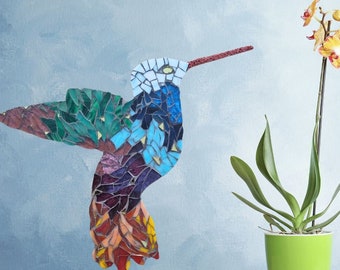 Colibri ARC-en-CIEL en mosaique  "Je fais ma part"  Décoration oiseau art mural ou à poser- réalisation sur demande